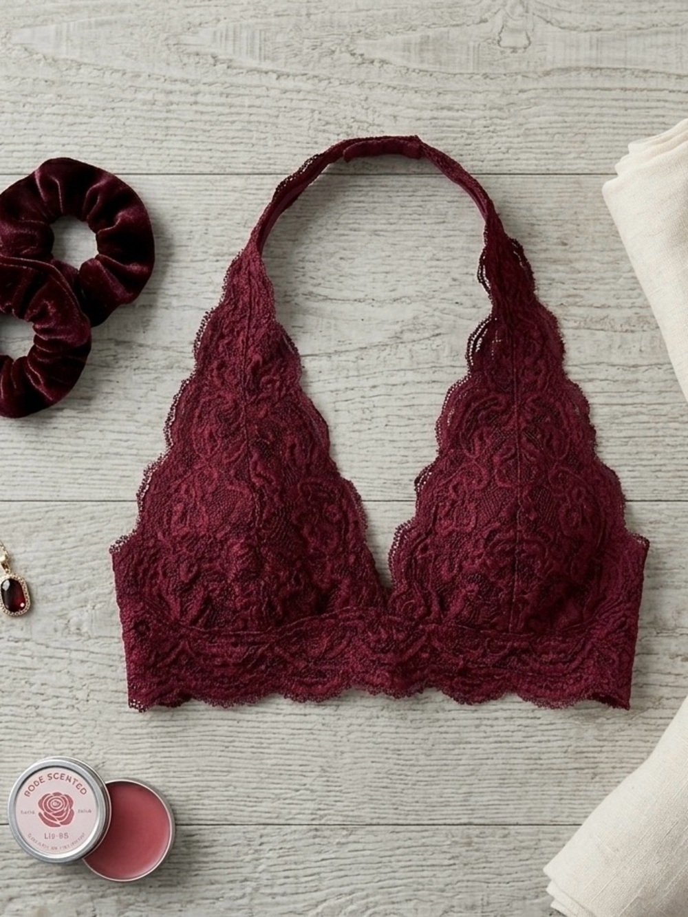 Stretch Lace Halter Bralette in Burgundy